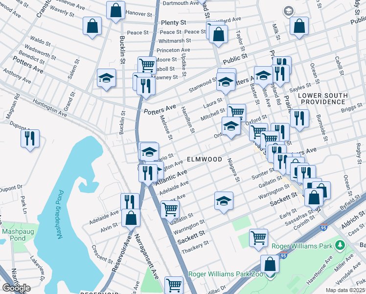 map of restaurants, bars, coffee shops, grocery stores, and more near 133 Ontario Street in Providence