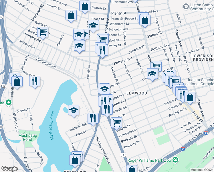 map of restaurants, bars, coffee shops, grocery stores, and more near 199 Congress Avenue in Providence
