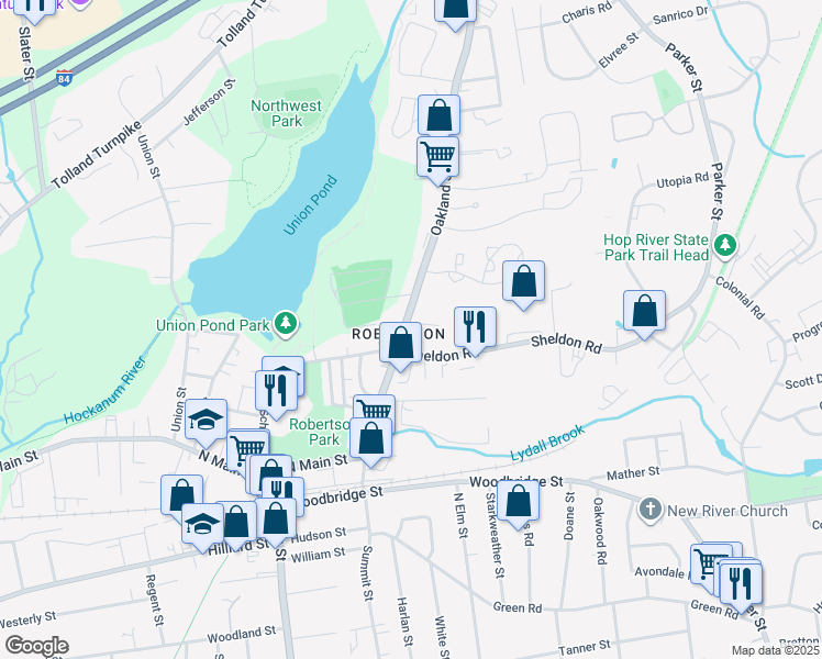 map of restaurants, bars, coffee shops, grocery stores, and more near 163 Oakland Street in Manchester