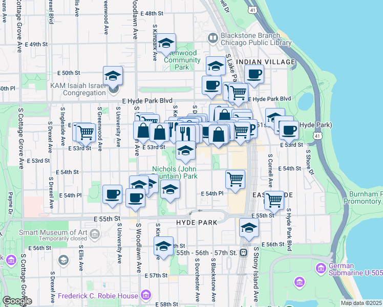 map of restaurants, bars, coffee shops, grocery stores, and more near 1346 East 53rd Street in Chicago