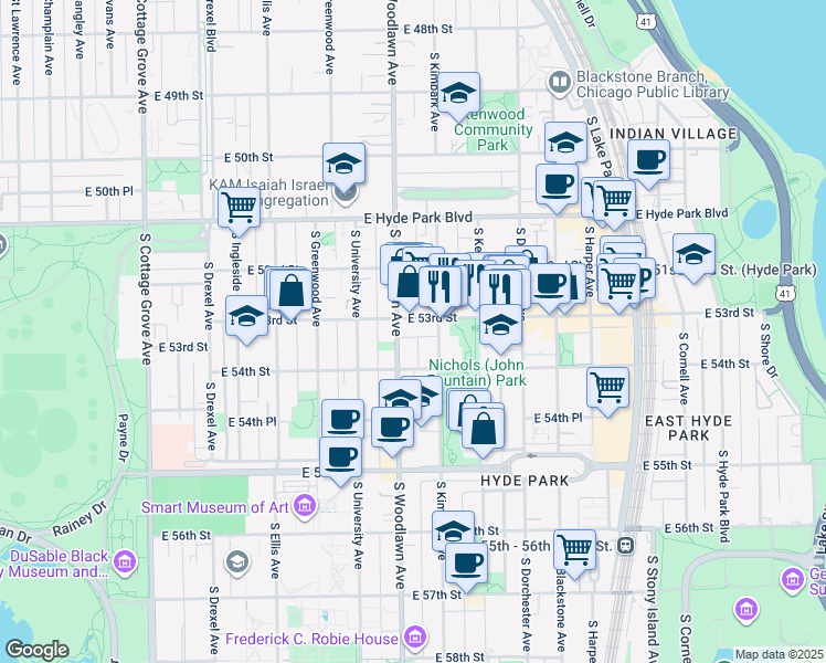 map of restaurants, bars, coffee shops, grocery stores, and more near 5318 South Kimbark Avenue in Chicago