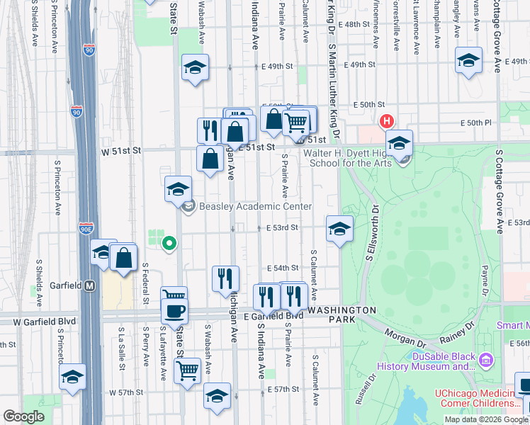 map of restaurants, bars, coffee shops, grocery stores, and more near 5235 South Indiana Avenue in Chicago