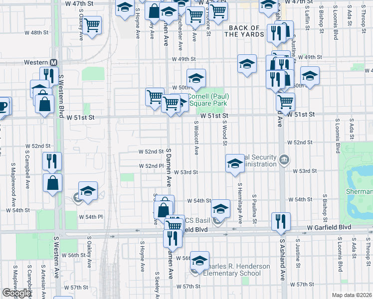 map of restaurants, bars, coffee shops, grocery stores, and more near 5210 South Winchester Avenue in Chicago