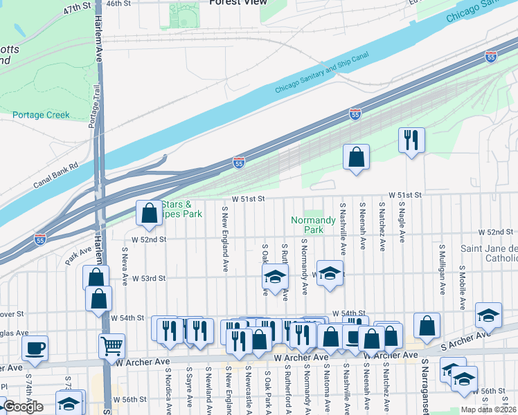 map of restaurants, bars, coffee shops, grocery stores, and more near 5114 South Oak Park Avenue in Chicago