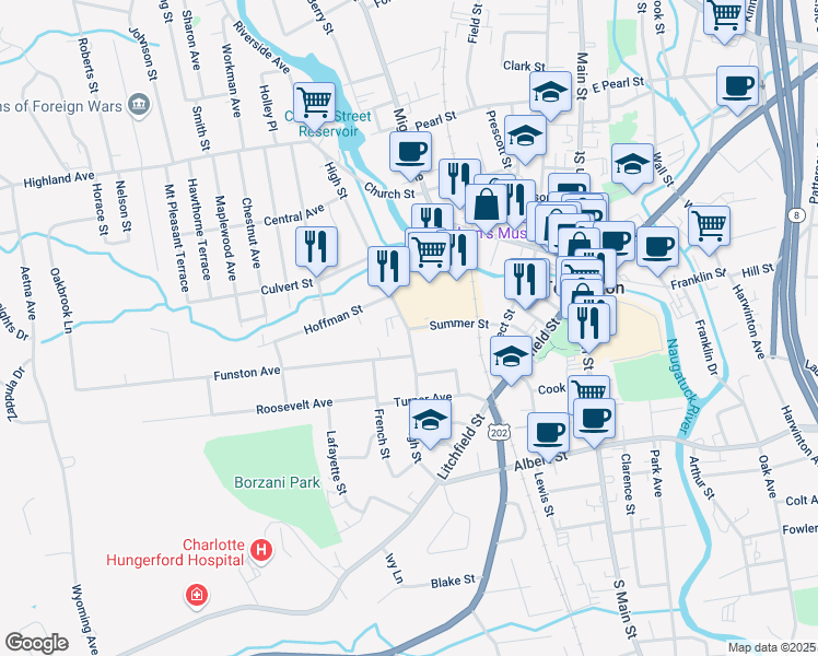 map of restaurants, bars, coffee shops, grocery stores, and more near 237 High Street in Torrington