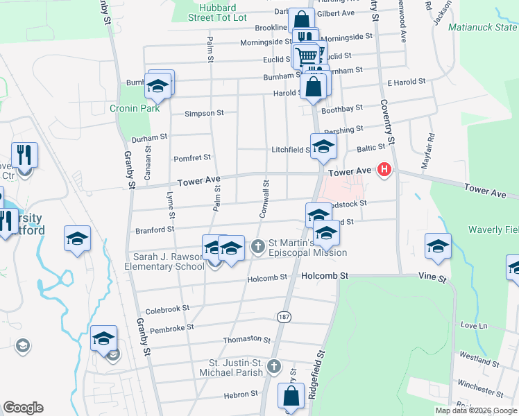 map of restaurants, bars, coffee shops, grocery stores, and more near 351 Cornwall Street in Hartford
