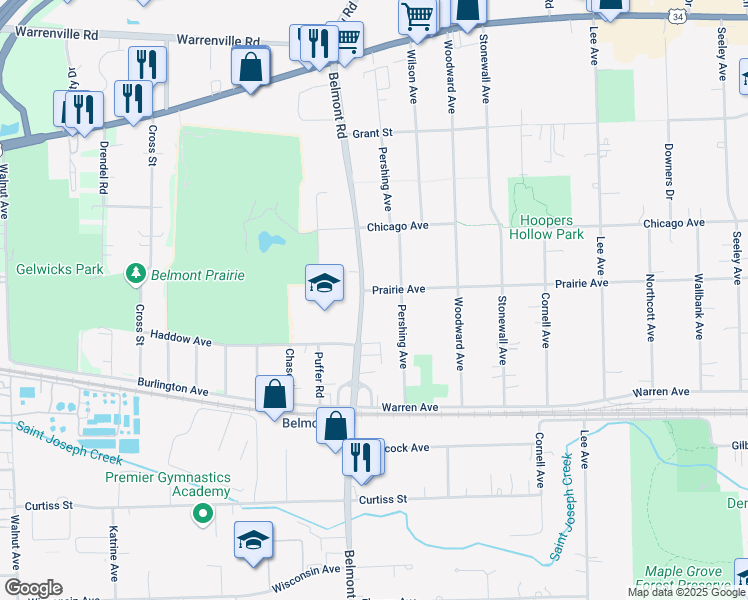 map of restaurants, bars, coffee shops, grocery stores, and more near 4803 Belmont Road in Downers Grove
