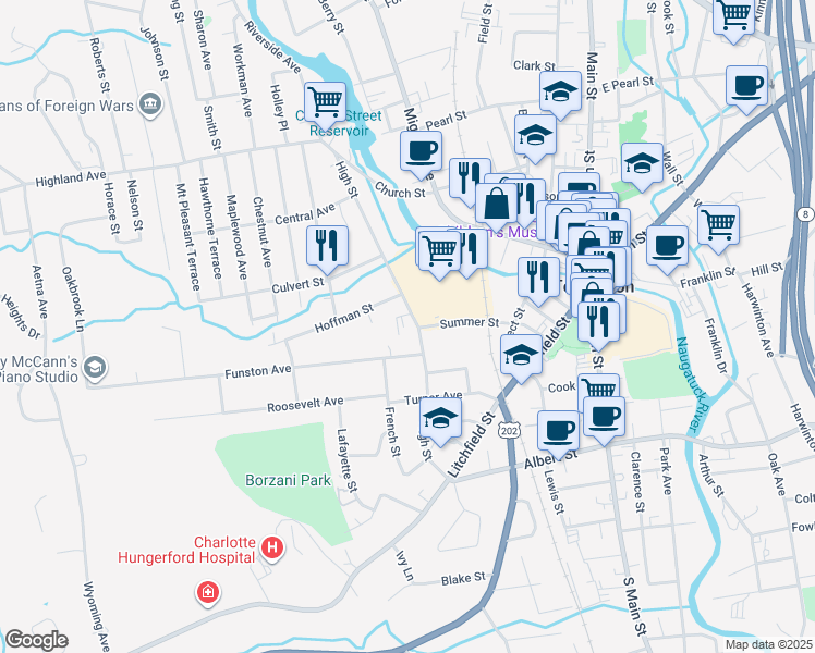 map of restaurants, bars, coffee shops, grocery stores, and more near 270 High Street in Torrington