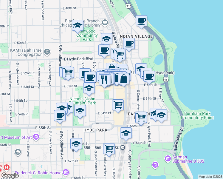map of restaurants, bars, coffee shops, grocery stores, and more near 5310 South Harper Avenue in Chicago