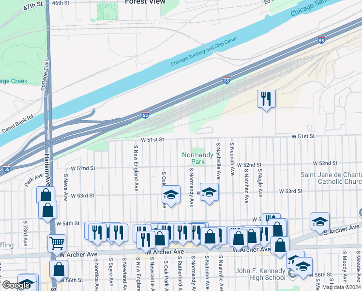 map of restaurants, bars, coffee shops, grocery stores, and more near 5113 South Rutherford Avenue in Chicago