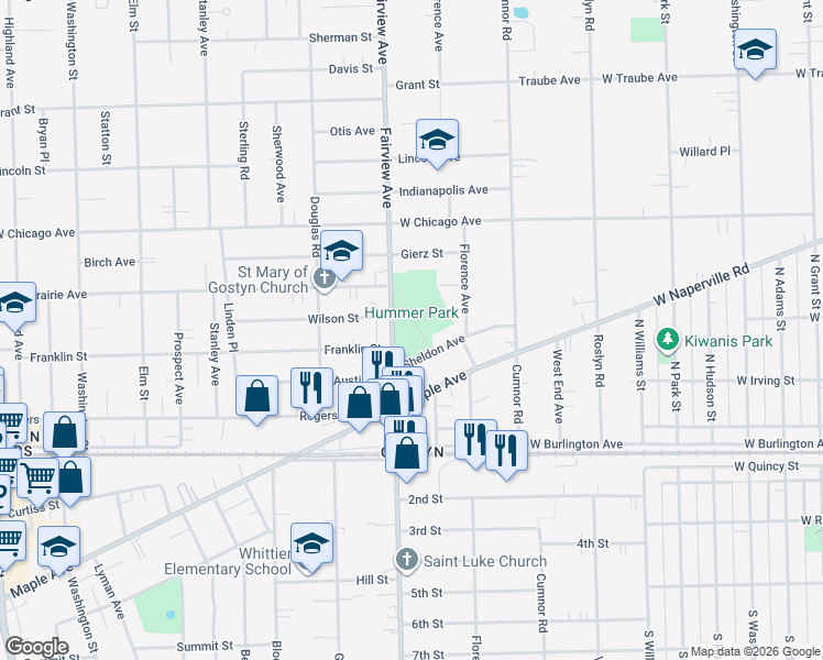 map of restaurants, bars, coffee shops, grocery stores, and more near 4831 Fairview Avenue in Downers Grove