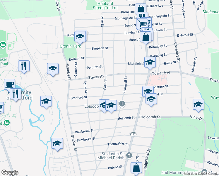 map of restaurants, bars, coffee shops, grocery stores, and more near 115 Manchester Street in Hartford