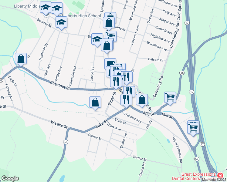 map of restaurants, bars, coffee shops, grocery stores, and more near 12 Edgar Street in Liberty