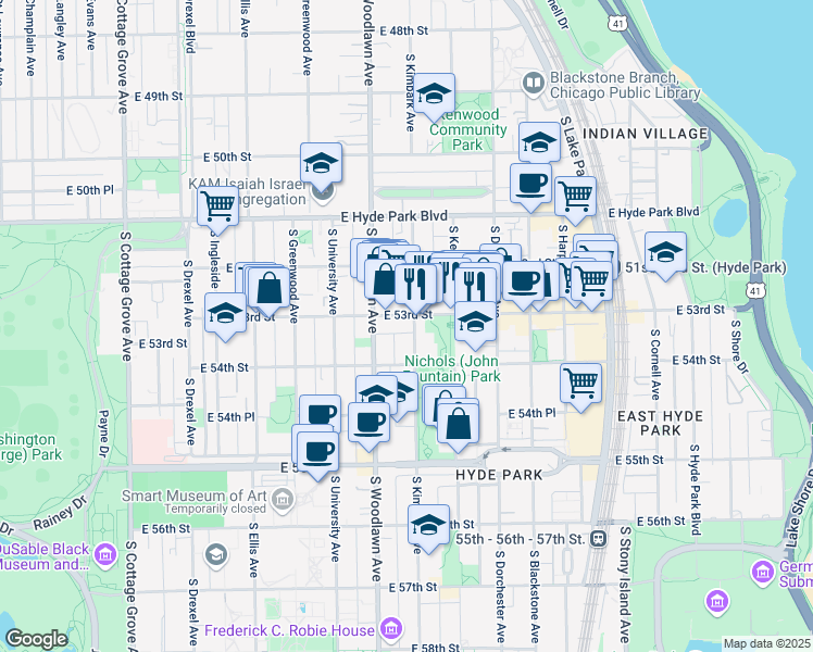 map of restaurants, bars, coffee shops, grocery stores, and more near 5318 South Kimbark Avenue in Chicago