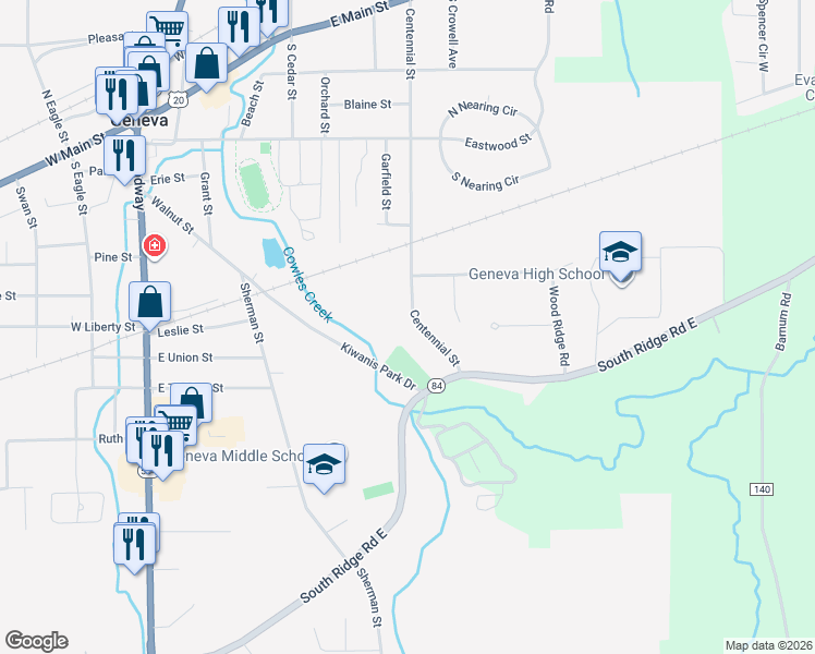 map of restaurants, bars, coffee shops, grocery stores, and more near 710 Centennial Street in Geneva