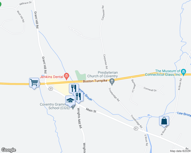 map of restaurants, bars, coffee shops, grocery stores, and more near 1424 Boston Turnpike in Coventry