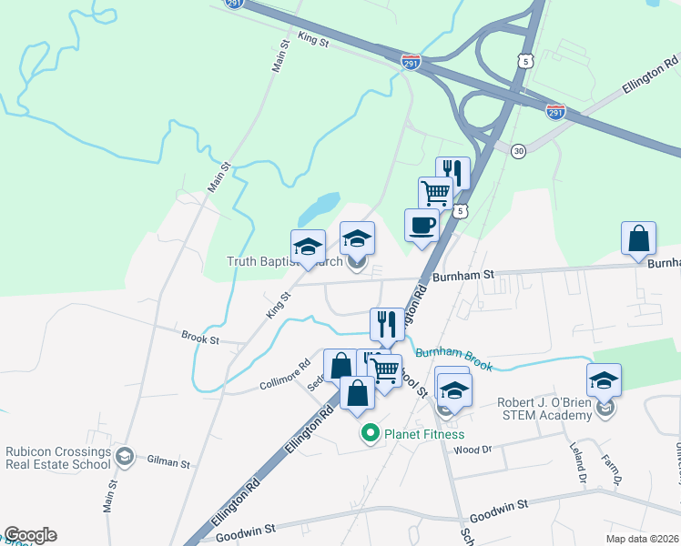map of restaurants, bars, coffee shops, grocery stores, and more near 44 Burnham Street in South Windsor
