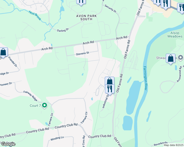 map of restaurants, bars, coffee shops, grocery stores, and more near 65 Sylvan Street in Avon