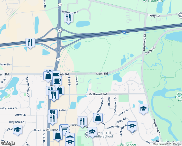 map of restaurants, bars, coffee shops, grocery stores, and more near 1531 West Diehl Road in Naperville