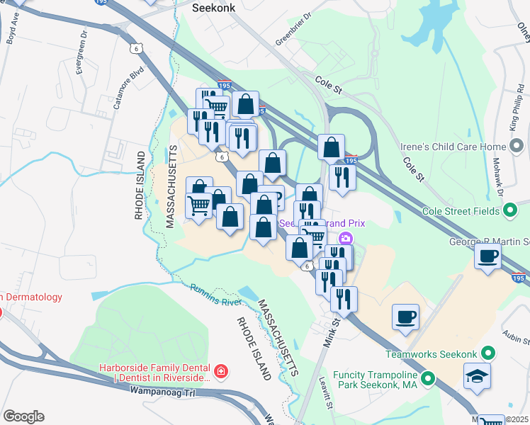 map of restaurants, bars, coffee shops, grocery stores, and more near 191 Highland Avenue in Seekonk