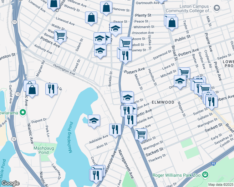 map of restaurants, bars, coffee shops, grocery stores, and more near 14 Redwing Street in Providence