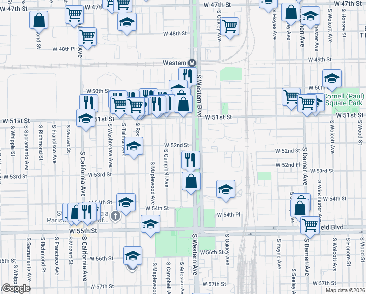 map of restaurants, bars, coffee shops, grocery stores, and more near 2419 West 52nd Street in Chicago