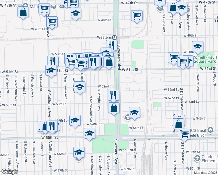 map of restaurants, bars, coffee shops, grocery stores, and more near 2417 West 52nd Street in Chicago