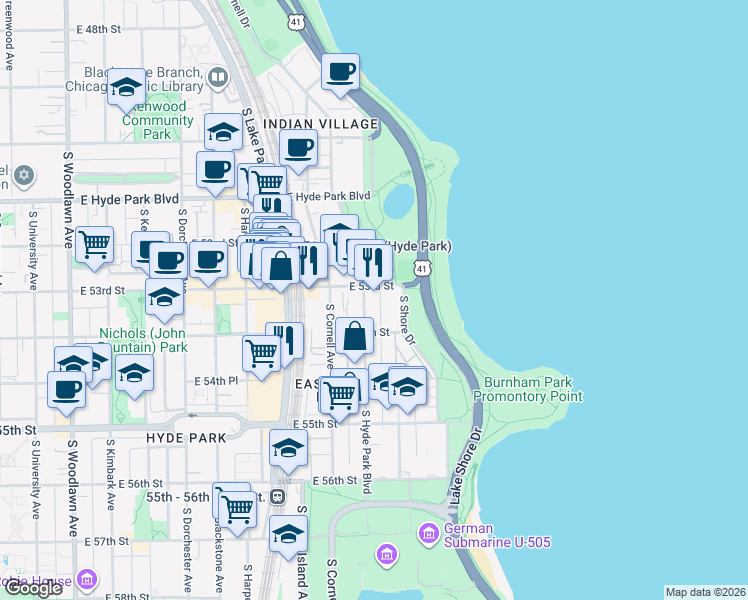 map of restaurants, bars, coffee shops, grocery stores, and more near 5307 South Hyde Park Boulevard in Chicago