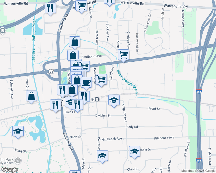 map of restaurants, bars, coffee shops, grocery stores, and more near 925 Burlington Avenue in Lisle