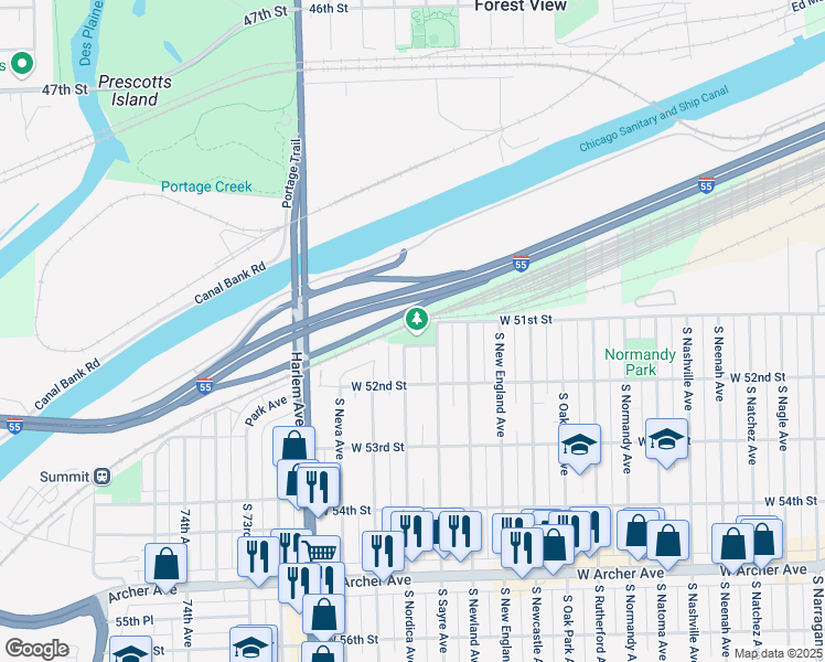 map of restaurants, bars, coffee shops, grocery stores, and more near 7032 West 51st Place in Chicago