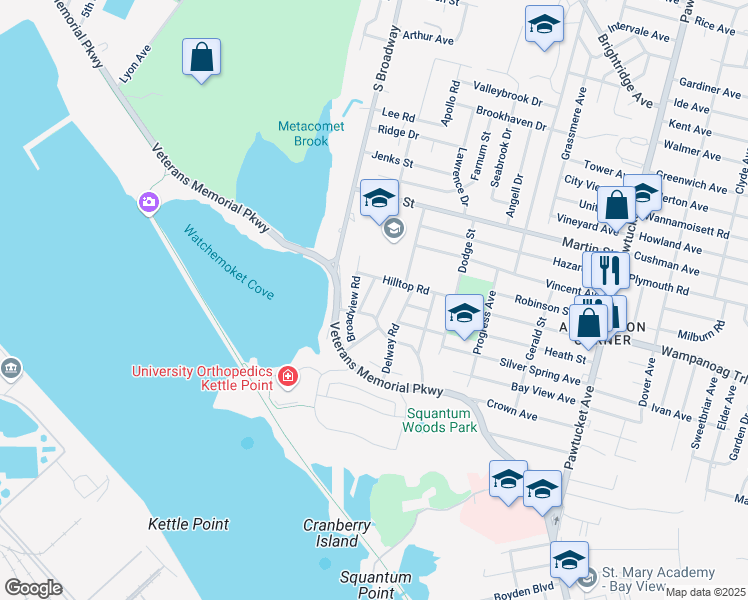 map of restaurants, bars, coffee shops, grocery stores, and more near 31 Colonial Road in East Providence