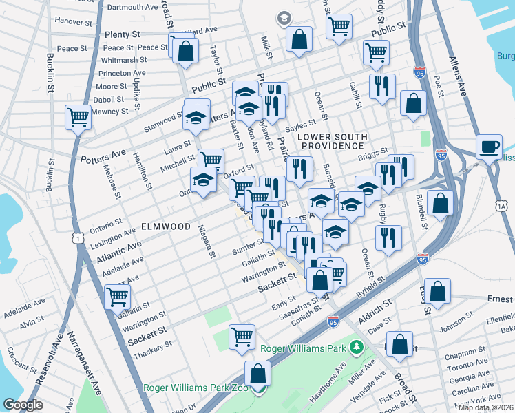 map of restaurants, bars, coffee shops, grocery stores, and more near in Providence