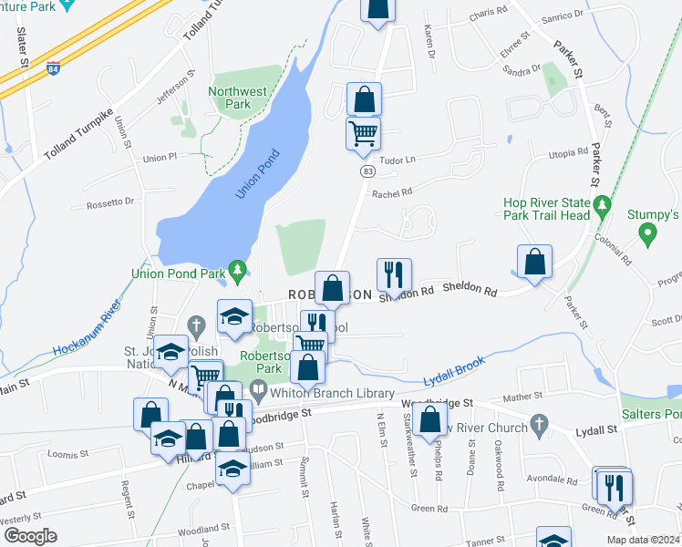 map of restaurants, bars, coffee shops, grocery stores, and more near 163 Oakland Street in Manchester