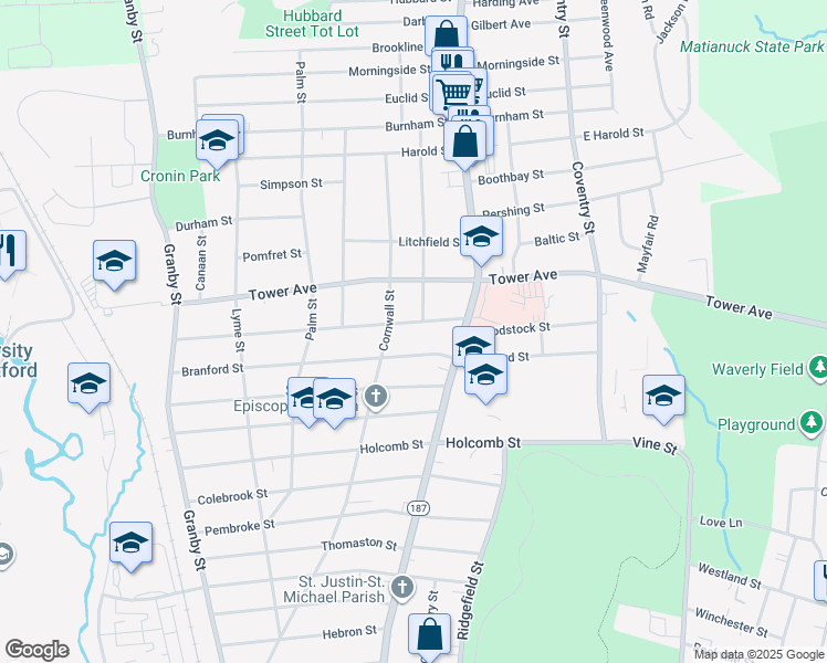map of restaurants, bars, coffee shops, grocery stores, and more near 140 Branford Street in Hartford