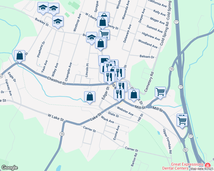 map of restaurants, bars, coffee shops, grocery stores, and more near 12 Edgar Street in Liberty