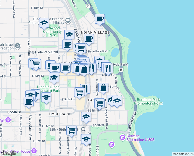 map of restaurants, bars, coffee shops, grocery stores, and more near 5317 South Cornell Avenue in Chicago