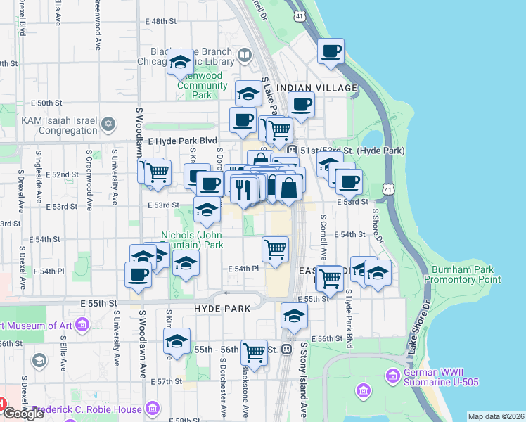 map of restaurants, bars, coffee shops, grocery stores, and more near 5316 South Harper Avenue in Chicago