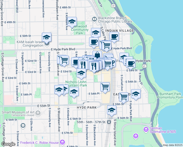 map of restaurants, bars, coffee shops, grocery stores, and more near 5314 South Blackstone Avenue in Chicago