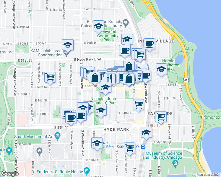 map of restaurants, bars, coffee shops, grocery stores, and more near 1346 East 53rd Street in Chicago