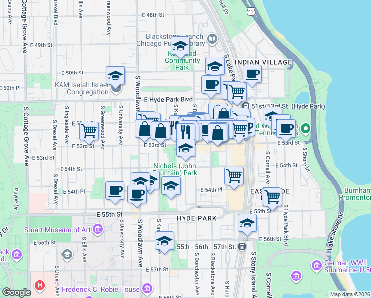 map of restaurants, bars, coffee shops, grocery stores, and more near 1346 East 53rd Street in Chicago