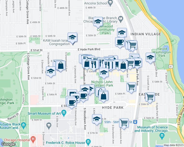 map of restaurants, bars, coffee shops, grocery stores, and more near 5318 South Kimbark Avenue in Chicago