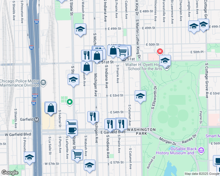 map of restaurants, bars, coffee shops, grocery stores, and more near 5235 South Indiana Avenue in Chicago