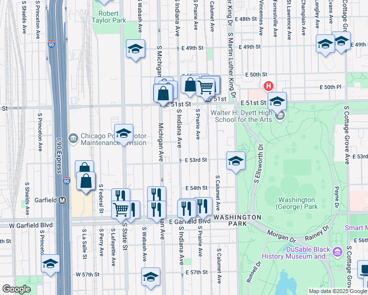 map of restaurants, bars, coffee shops, grocery stores, and more near 5235 South Indiana Avenue in Chicago