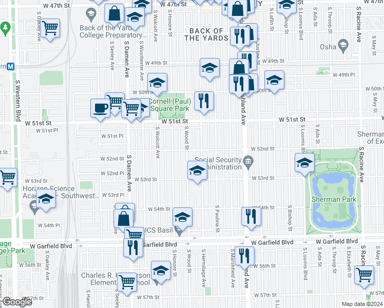 map of restaurants, bars, coffee shops, grocery stores, and more near 5217 South Wood Street in Chicago