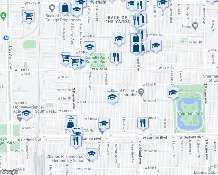 map of restaurants, bars, coffee shops, grocery stores, and more near 5217 South Wood Street in Chicago