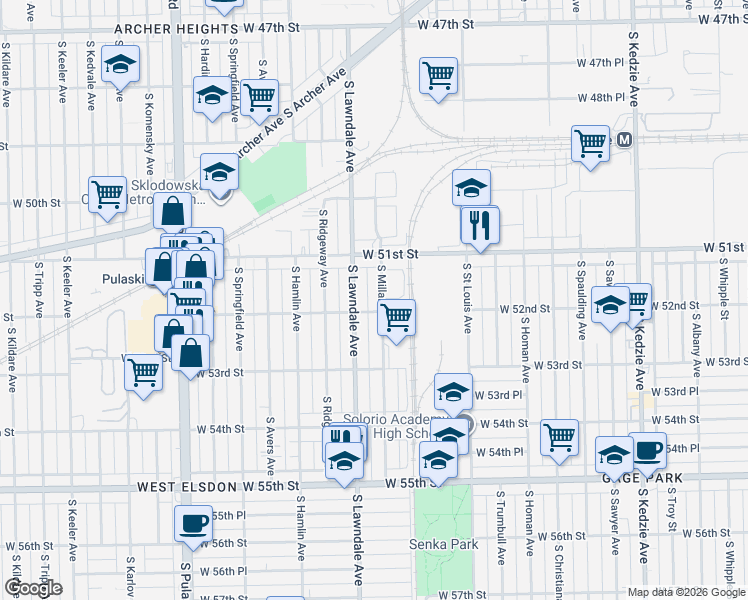 map of restaurants, bars, coffee shops, grocery stores, and more near 5153 South Lawndale Avenue in Chicago