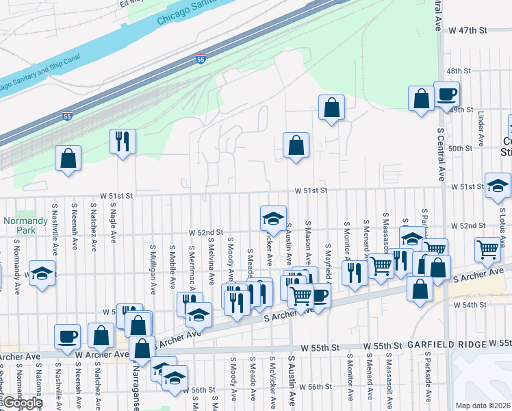 map of restaurants, bars, coffee shops, grocery stores, and more near 5125 South Meade Avenue in Chicago