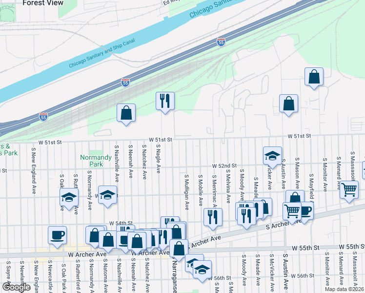 map of restaurants, bars, coffee shops, grocery stores, and more near 5121 South Narragansett Avenue in Chicago