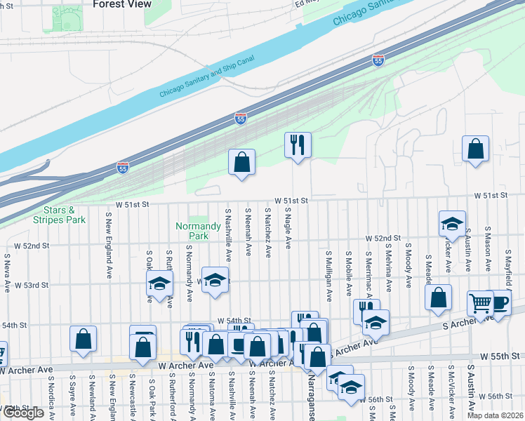 map of restaurants, bars, coffee shops, grocery stores, and more near 5116 South Natchez Avenue in Chicago