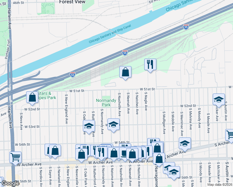 map of restaurants, bars, coffee shops, grocery stores, and more near 5117 South Natoma Avenue in Chicago